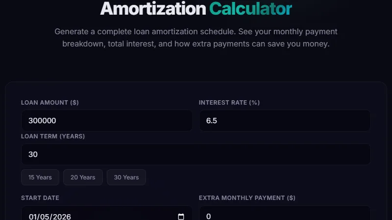 Amortization Calculator — calculate loan amortization schedules with extra payment options