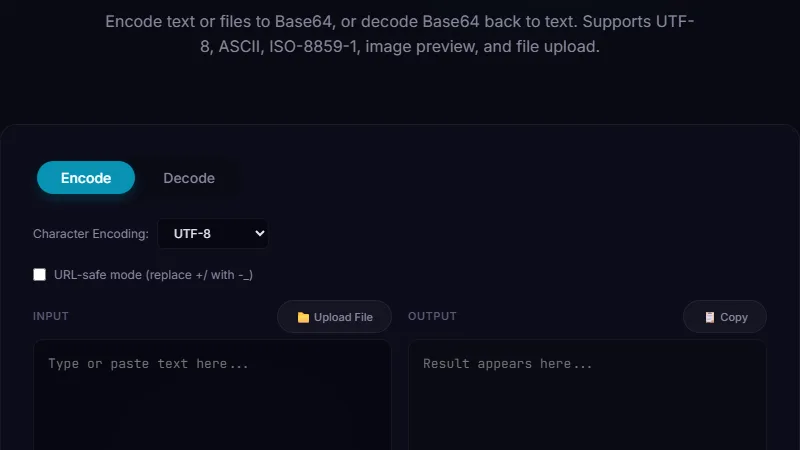 Base64 Encoder Decoder — encoding 'Hello, World!' text showing input panel and the encoded Base64 output in the adjacent result panel