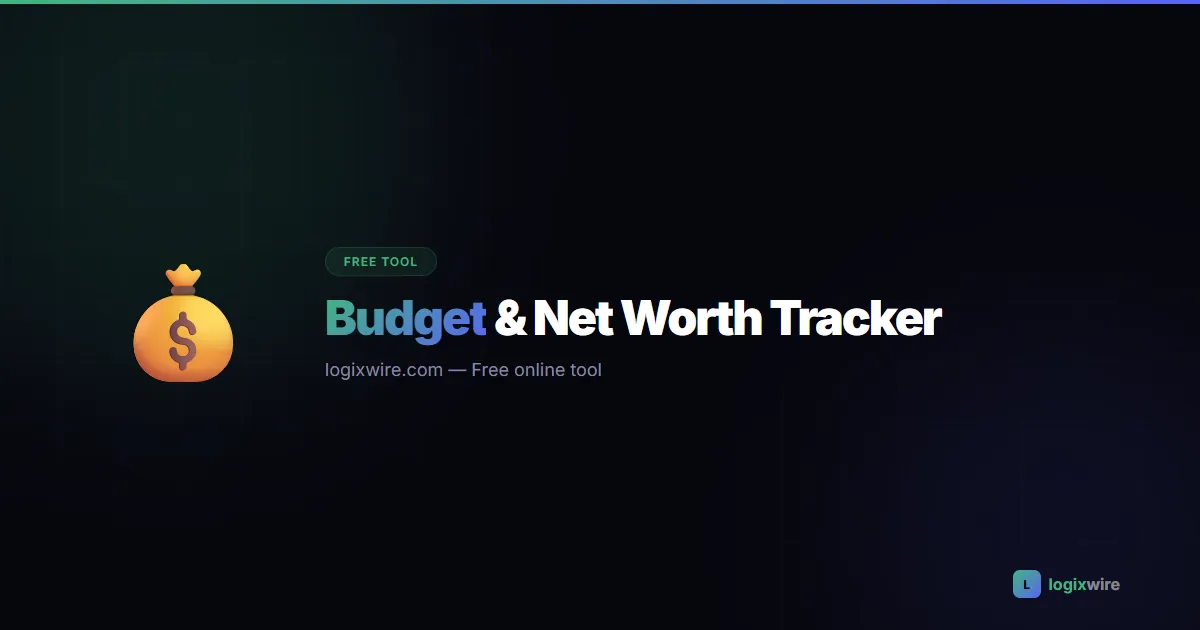 Net Worth Calculator — assets, liabilities, net worth balance and 50/30/20 budget breakdown chart