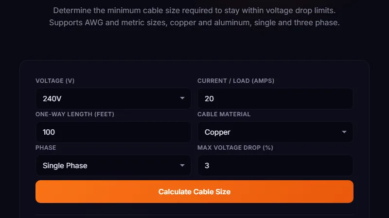 Cable Voltage Drop Calculator — calculate voltage drop and minimum wire size for electrical cables