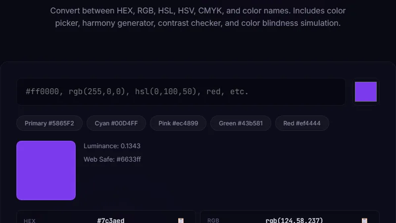 Color Converter — convert between HEX, RGB, HSL, HSV, and CMYK color codes