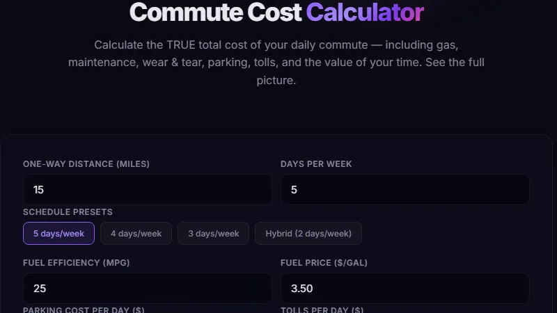 Commute Cost Calculator showing daily cost including fuel maintenance tolls parking and time value