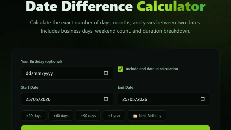 Date Difference Calculator — calculate exact days, months, and years between two dates