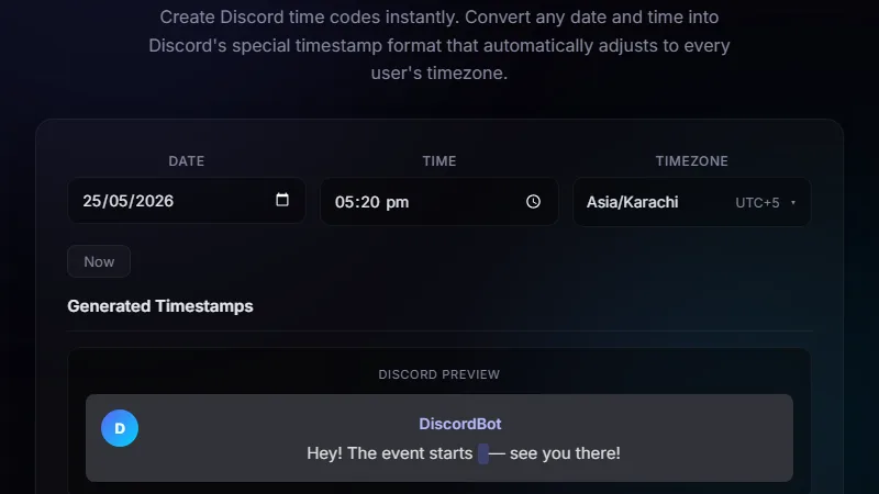 Discord Timestamp Generator — generate Discord timestamp codes in all 7 format styles
