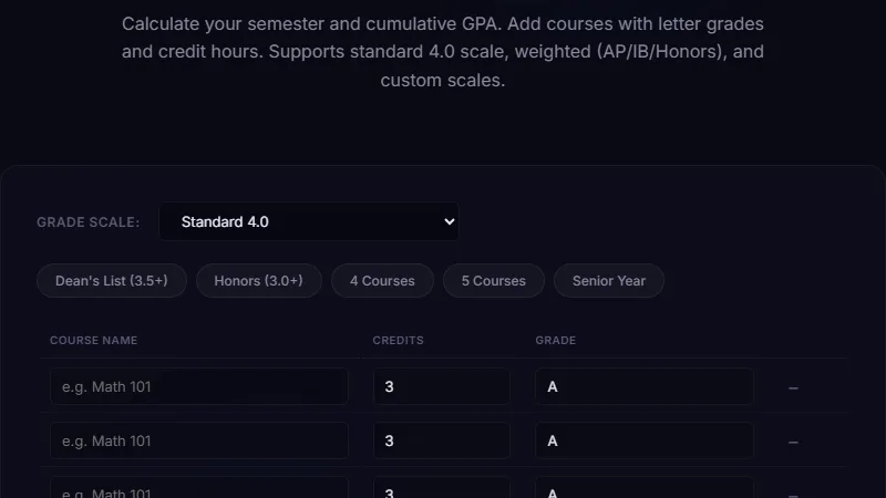 GPA Calculator — calculate semester and cumulative GPA on the 4.0 scale
