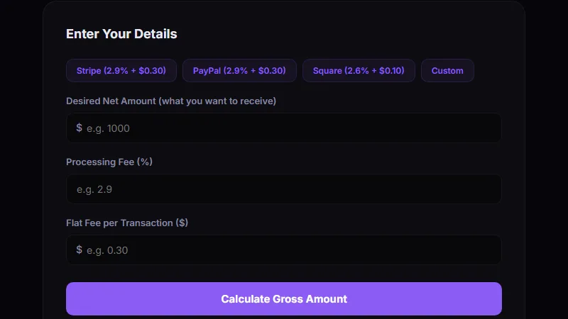 Invoice Gross-Up Calculator — calculating gross charge to receive desired net after processing fees