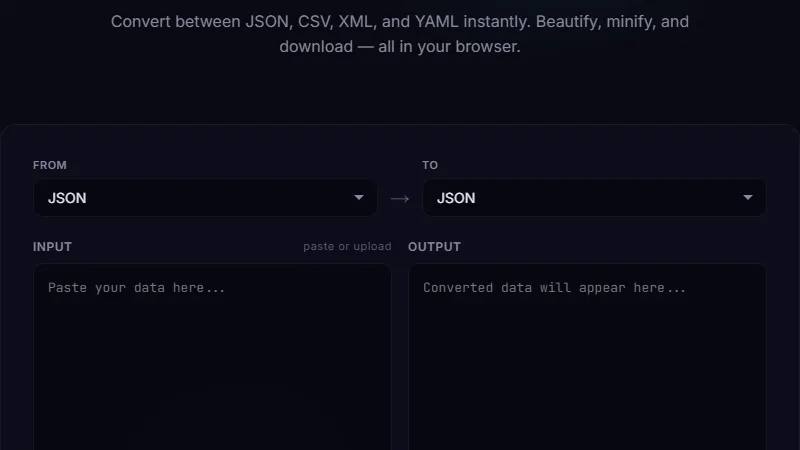 JSON CSV XML YAML Converter — convert between JSON, CSV, XML, and YAML data formats
