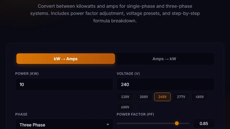 kW to Amps Calculator — convert between kilowatts and amps for single and three phase