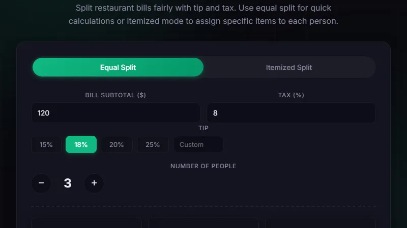 Split Bill Calculator — split bills fairly with equal split, itemized, tip, and tax modes