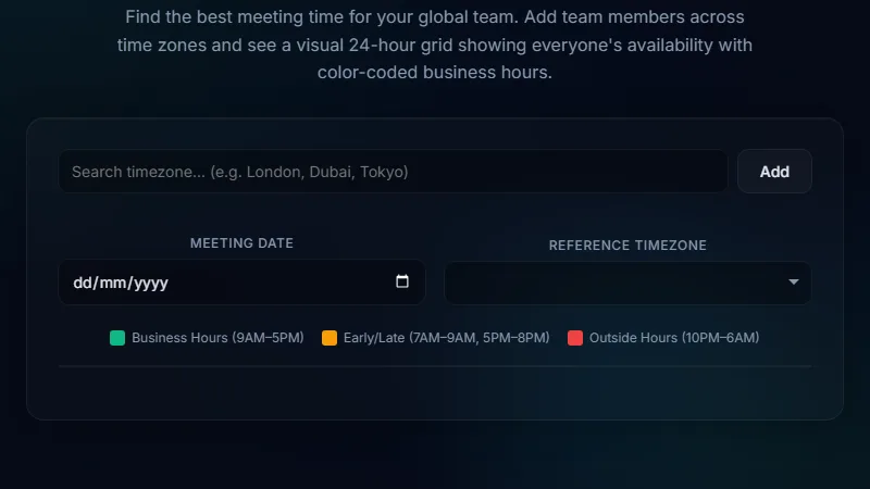 Time Zone Meeting Planner — plan meetings across global time zones with overlapping hours