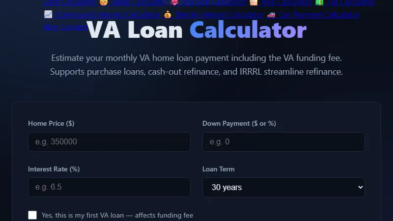 VA Loan Calculator — estimate monthly VA home loan payments with funding fee
